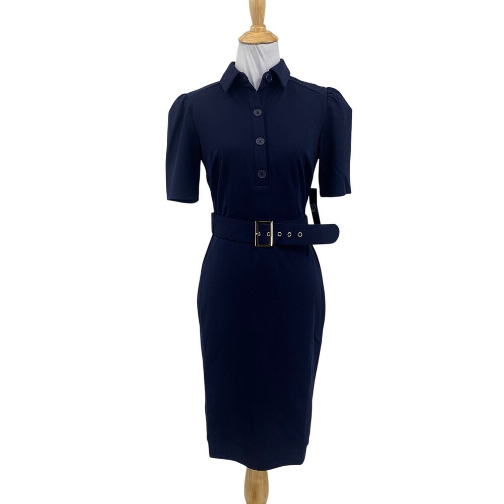 New York & Company Dress Womens XS Windsor Sheath Puff Shoulders Belted Midi
